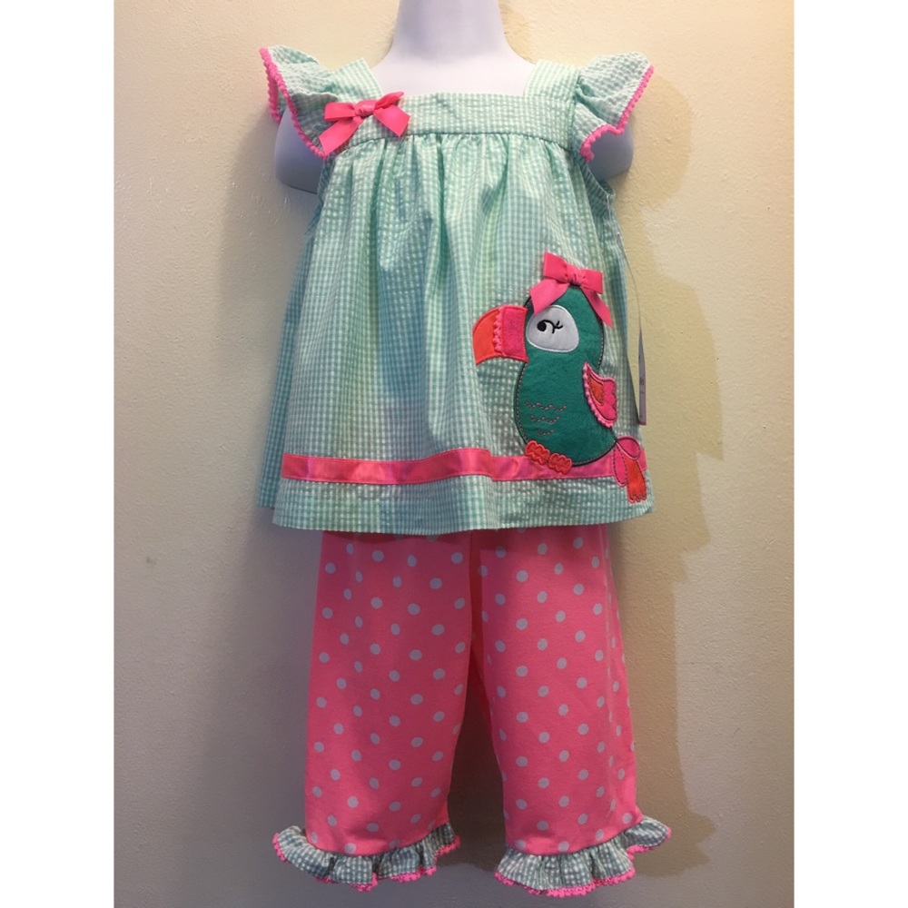 ☘️Girls Summer Cute Parrot Seersucker Set New